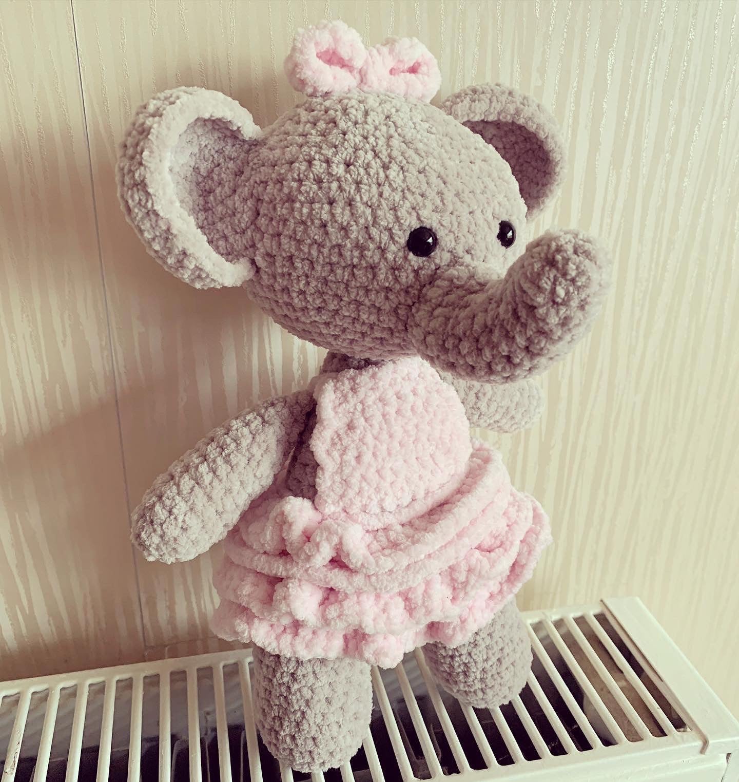 Dotty the elephant crochet plushie.