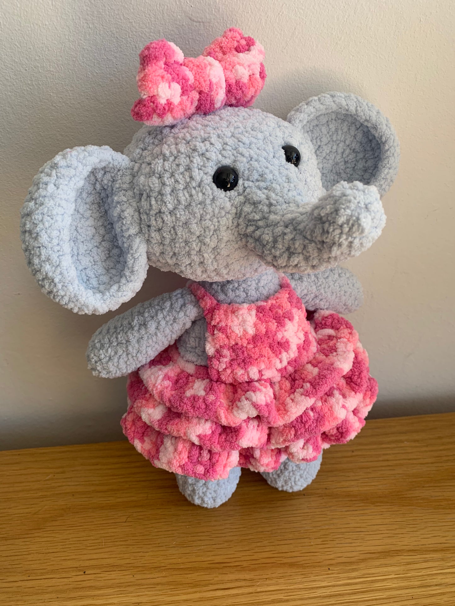 Dotty the elephant crochet plushie.