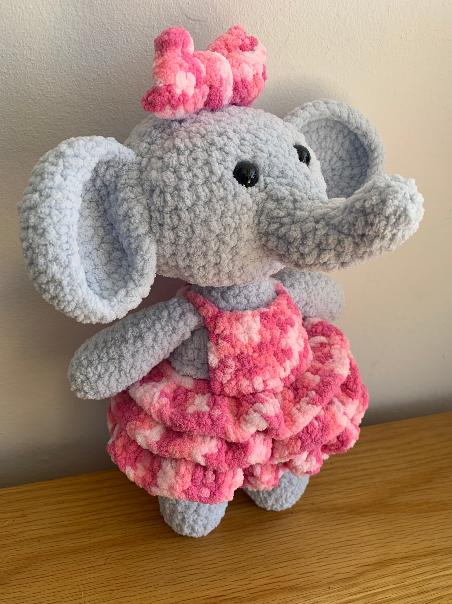 Dotty the elephant crochet plushie.