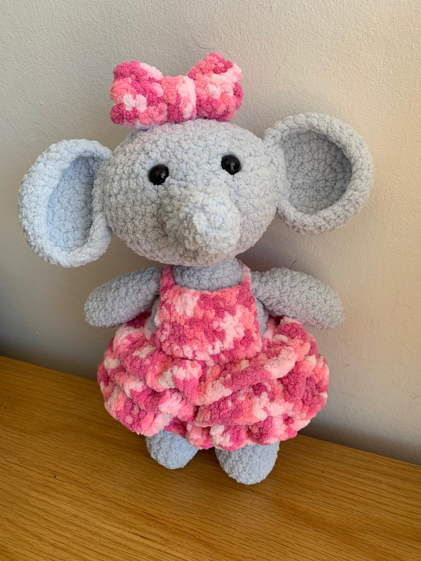 Dotty the elephant crochet plushie.