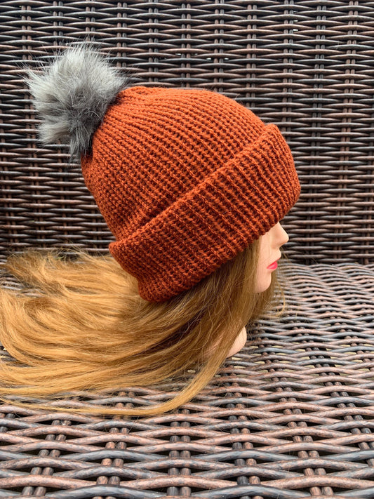 Burnt orange Knitted hat | Winter hat | Warm and chunky hat with pom pom | Unisex hat | For adults and or children|