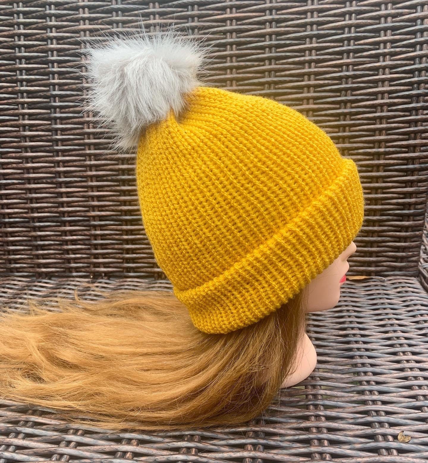 Mustard Yellow Knitted hat | Winter hat | Warm and chunky hat with pom pom | Unisex hat | For adults and or children|