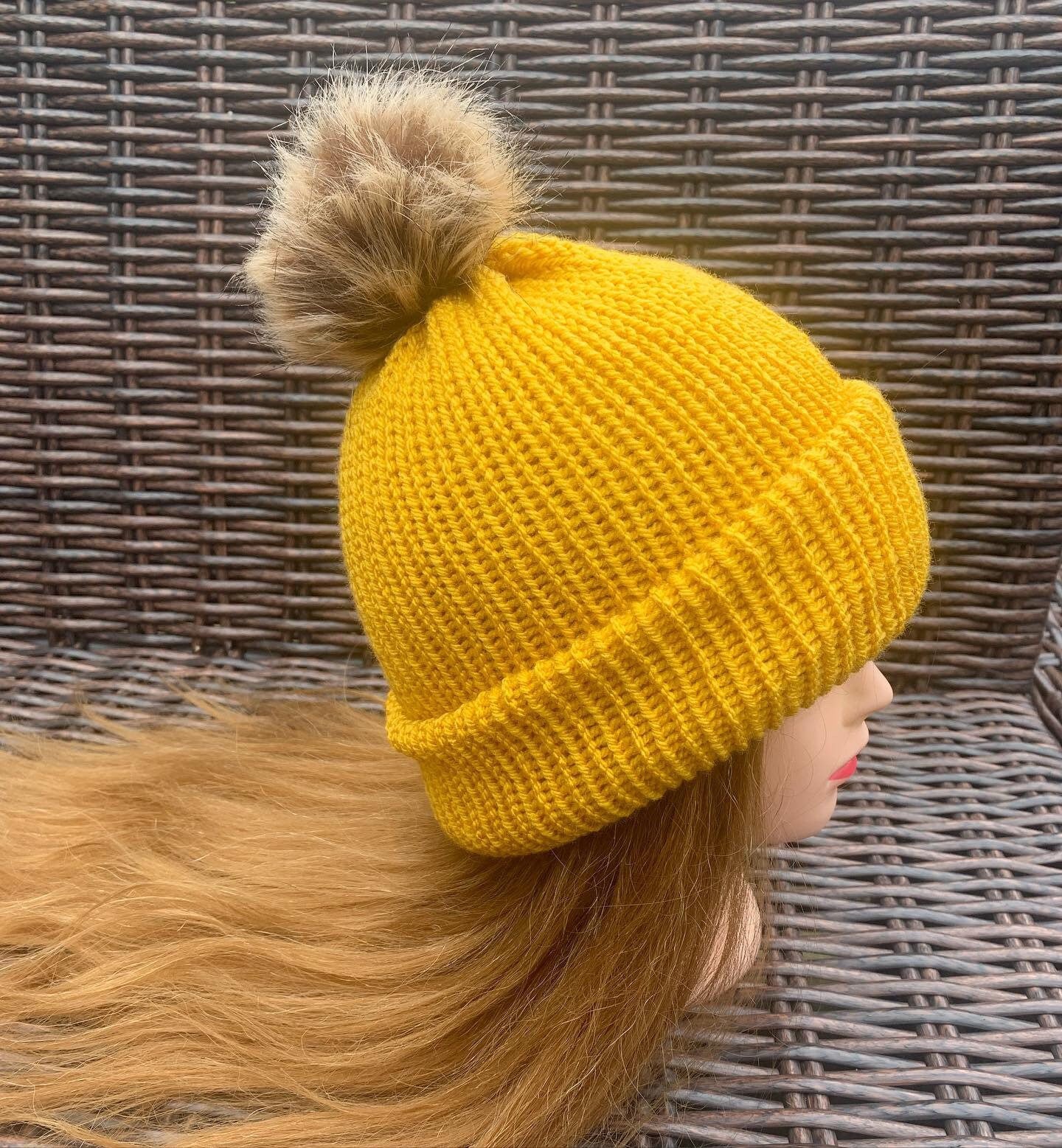 Mustard Yellow Knitted hat | Winter hat | Warm and chunky hat with pom pom | Unisex hat | For adults and or children|