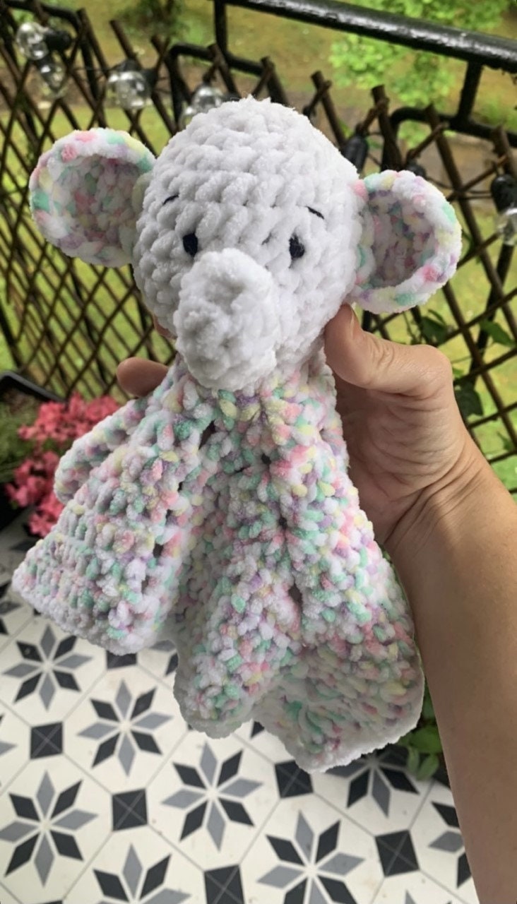 Minimal sew Enya the Elephant lovey crochet pattern