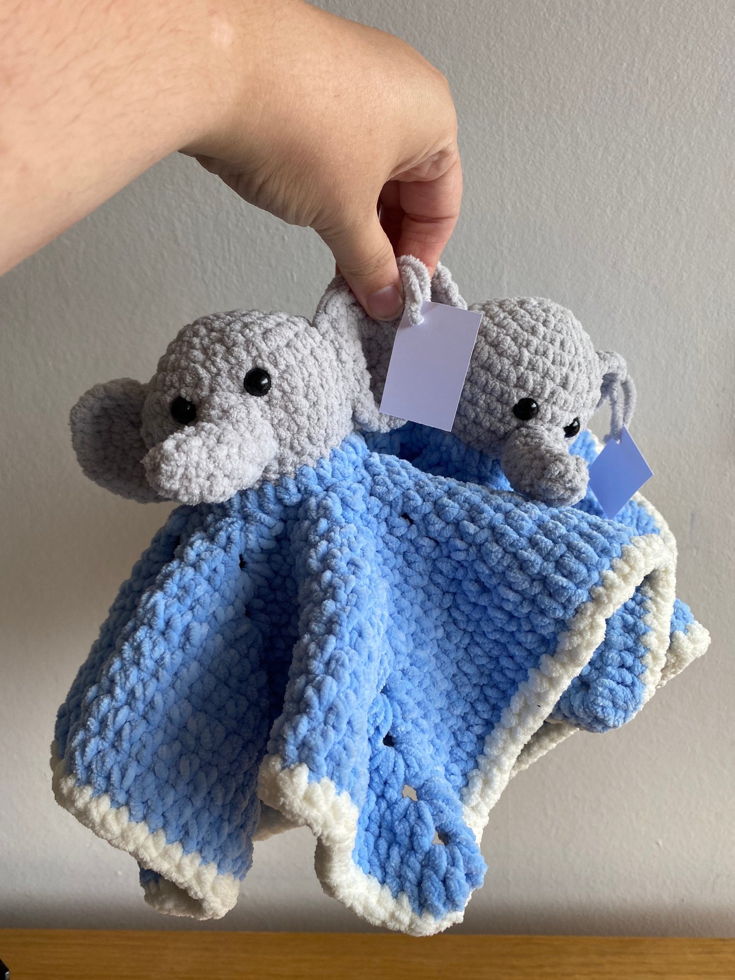 Minimal sew Enya the Elephant lovey crochet pattern